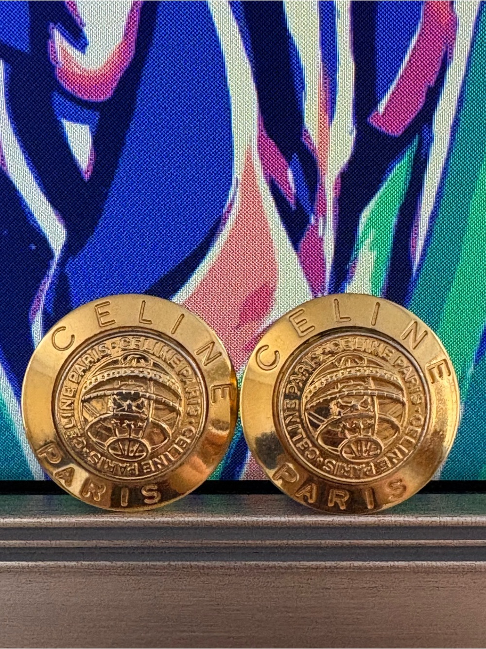 Rare Vintage CELINE Paris Globe Orb Medallion Clip Earrings Italy Gold Plated